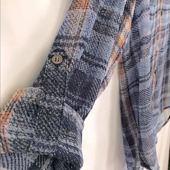Blue Plaid Button Down Shirt Blouse Semi Sheer Roll Tab Sleeve Women Small New - Picture 6 of 8